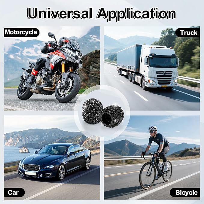 4 Pack Handmade Crystal Rhinestone Car Tire Valve Stem Caps, Wheel Valve, Attractive Dustproof Bling Accessories, Universal for Cars, Trucks and Motorcycles-Black