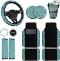 12 Pcs Bling Car Accessories Set for Women Car Floor Mats Full Set Steering Wheel Cover Seat Belt Covers Coasters Universal Fit Car SUV Truck Van Aquamarine