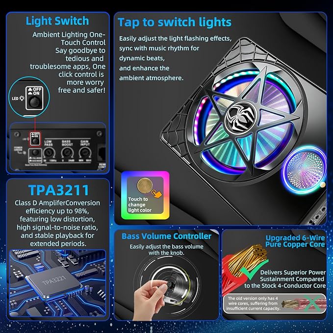 3000W Under Seat Subwoofer with Amp 10" Slim Powered Car Audio | 3-Way Full Range Sound with RGB Beat Sync LED, Bass Boost, Low Pass Filter, Plug & Play Design for Trucks SUVs and Cars