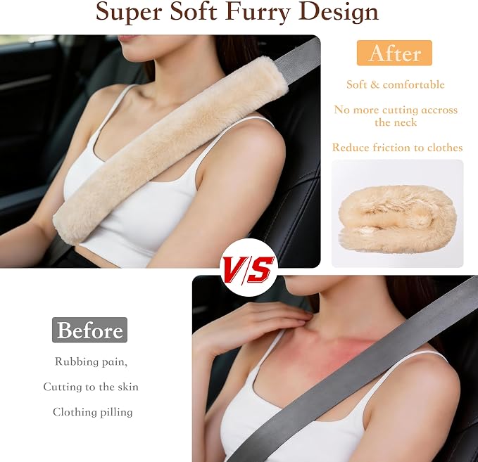 Soft Faux Fur Universal Fit Seatbelt Cover Car Truck SUV Airplane Seat Belt Shoulder Pad for Carmera Backpack Straps Neck Cushion Protector Extra Long 15.7in Beige