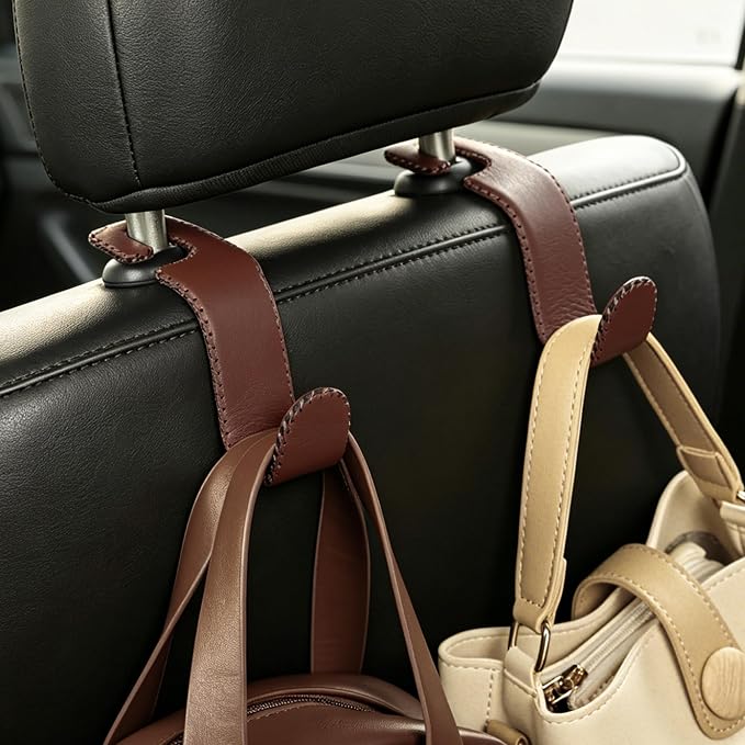 Car Seat Headrest Hook, Universal Vehicle Storage Hanger, Leather with Metal Car Seat Back Organizer for Handbag, Purse, Coat, Ergonomic Design, Brown 2 Pack