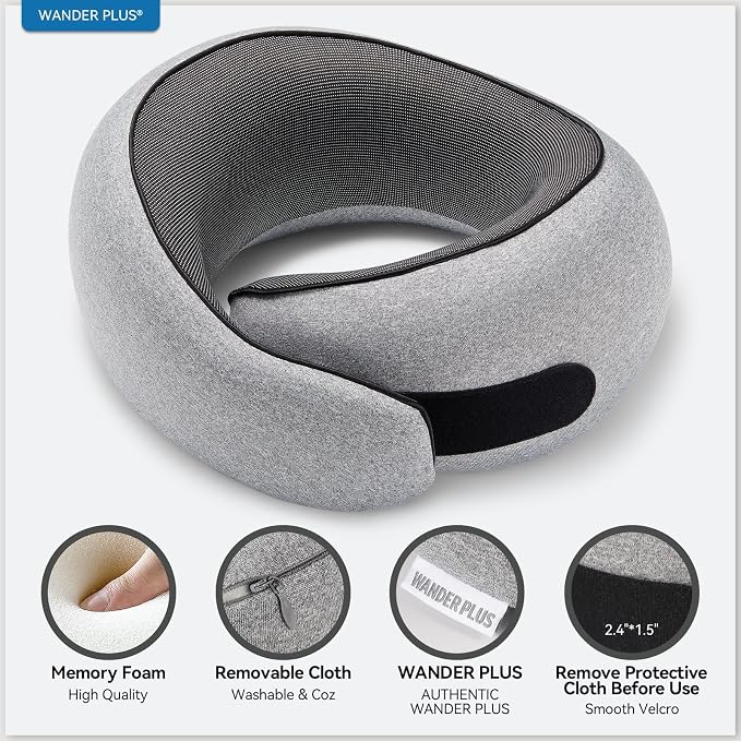 Travel Pillow, 100% Pure Memory Foam Travel Neck Pillow Airplane Neck Support Ergonomic Design Best for Sleeping Plane Car Train Office Flight for Adults Grey