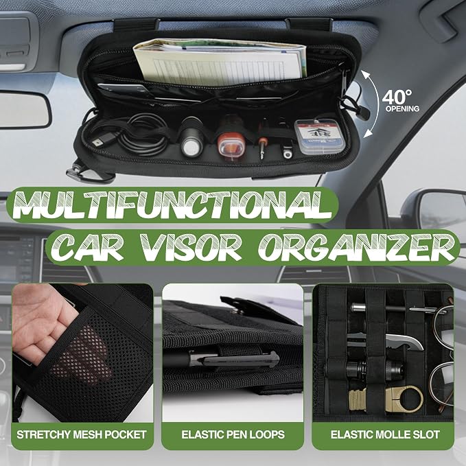 Tactical Car Sun Visor Organizer, Auto Semi-Rigid Molle Panel with Zipper Storage Pouch & Glasses Holder for Police Gear & Overland Accessories, Universal Fit for Trucks, SUVs, Jeeps & Patrols, Black