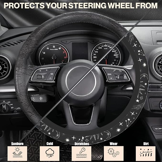 Sun Moon and Steering Wheel Cover, Stars Constellation Elastic Non-Slip Steering Wheel Protector,Auto Interior Decor for Women Girls,Universal 15" Fit for Sedans,Trucks