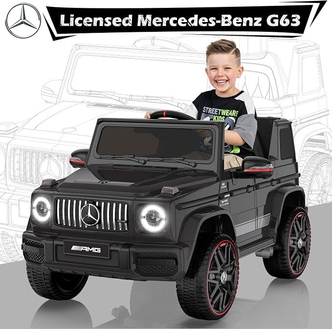 Licensed Mercedes-Benz G63 Car for Kids, 12V 7AH Ride on Car w/Parent Remote Control, LED Headlights, Music Player & Horn, Soft Start, Low Battery Prompt, Kids Electric Car (Dark Black)