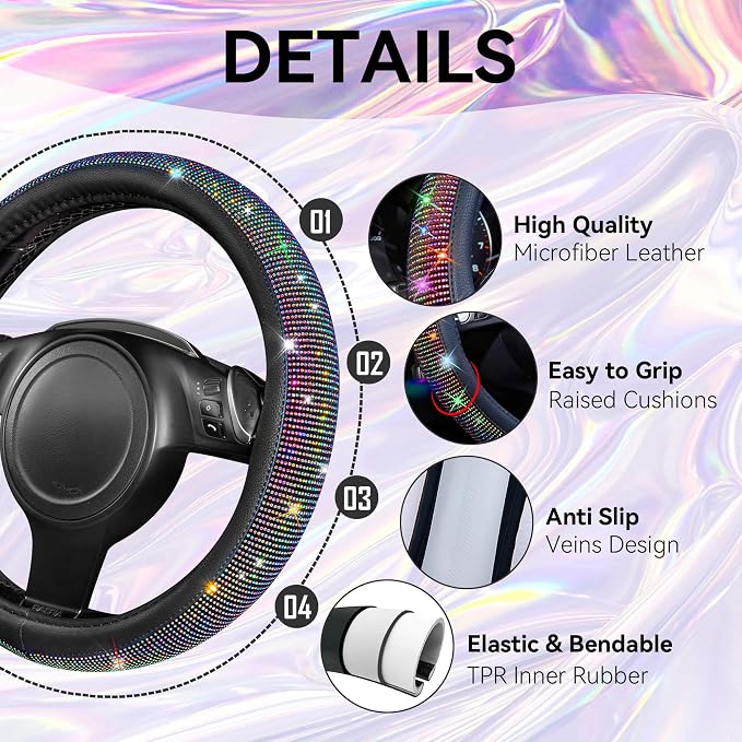 Bling Diamond Leather Steering Wheel Cover 14.5in-15in Floor Mats Shining Rhinestone Carpet Sparkly Glitter Crystal Anti-Slip Pad Fit Automotive SUV Pickup Truck Girl Women, 5pcs Multicolor