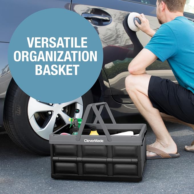 Collapsible Shopping Basket 32L – Folding Grocery Basket with Handles, Stackable Reusable Storage Crate with 35 lb Capacity, Recycled Plastic, Car Trunk Organizer - Stone Gray