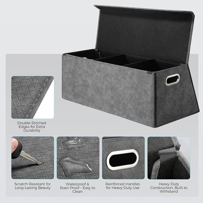 Car Trunk Organizer for SUV and Sedan, Trapezoidal-Grey, 29.5 in | Tailored for Rear Seats, Silky Crosshatch Vegan Leather, XL, Magnetic Lid, Collapsible & Adjustable, Water‑Dust Resist
