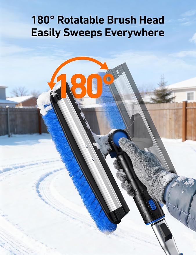 47.2" Ice Scrapers for Car Windshield, 3 in 1 Sturdy Snow Brush with Squeegee, 10 Adjustable Length Settings, Extendable Aluminum Handle, 180° Pivoting Snow Scraper for Car, Truck, SUV(Blue)
