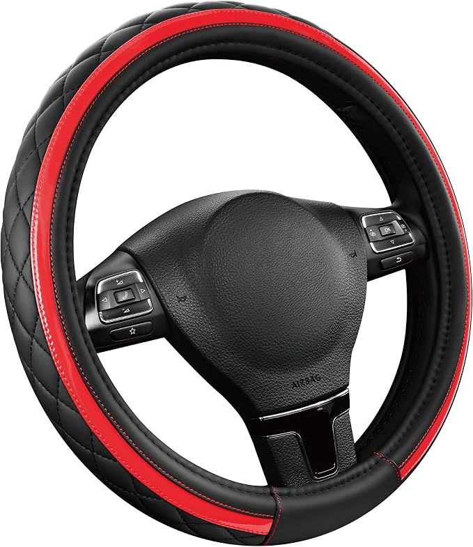Leather Steering Wheel Cover – Black & Red Universal Fit 14.5-15 Inch, Microfiber Leather, Anti-Slip & Breathable Design for Men and Women