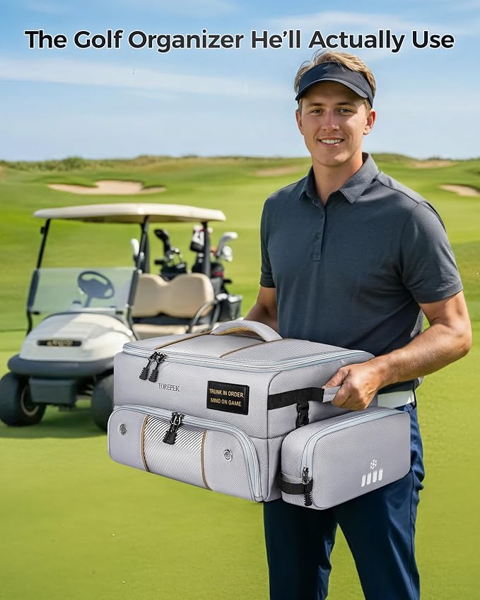Upgraded Golf Trunk Organizer, Golf Gifts for Men, with Removable Insulated Pouch&Dust-Proof Protective Layer, Multi-Compartment fits 2 Pairs of Shoes, Golf Accessories