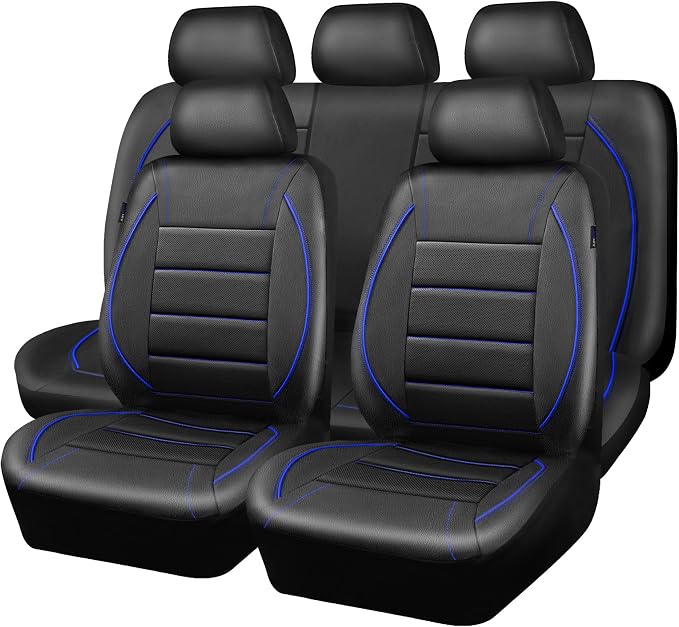 Universal FIT Piping Leather Car Seat Cover, for suvs,Van,Trucks,Airbag Compatible,Inside Zipper Design and Reserved Opening Holes (Full Set, Black and Blue)
