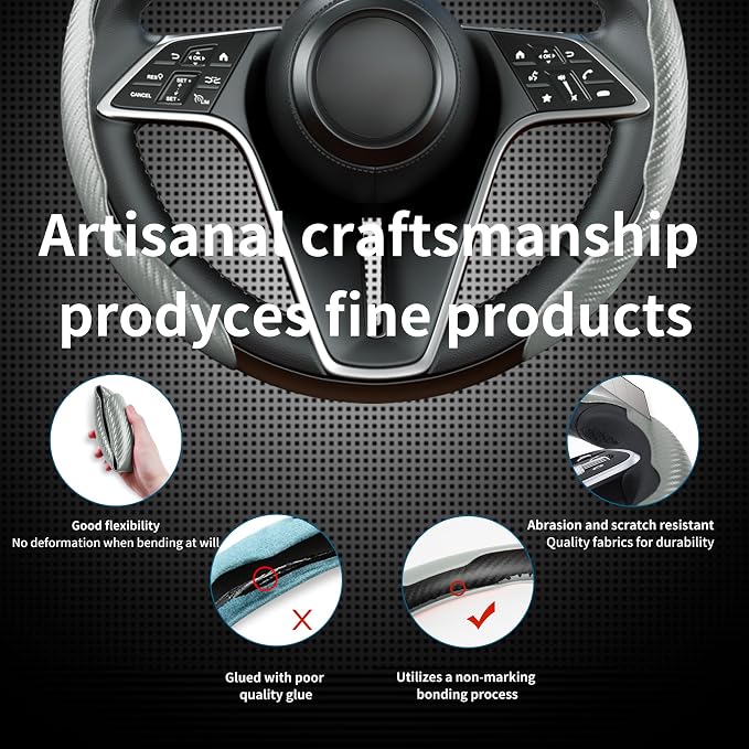 3Pcs Carbon Fiber Steering Wheel Cover Universal Fit 99% Cars | Non-slip soft grip, easy to wipe clean, quick to install, perfect for daily commutes and road trips, Gray