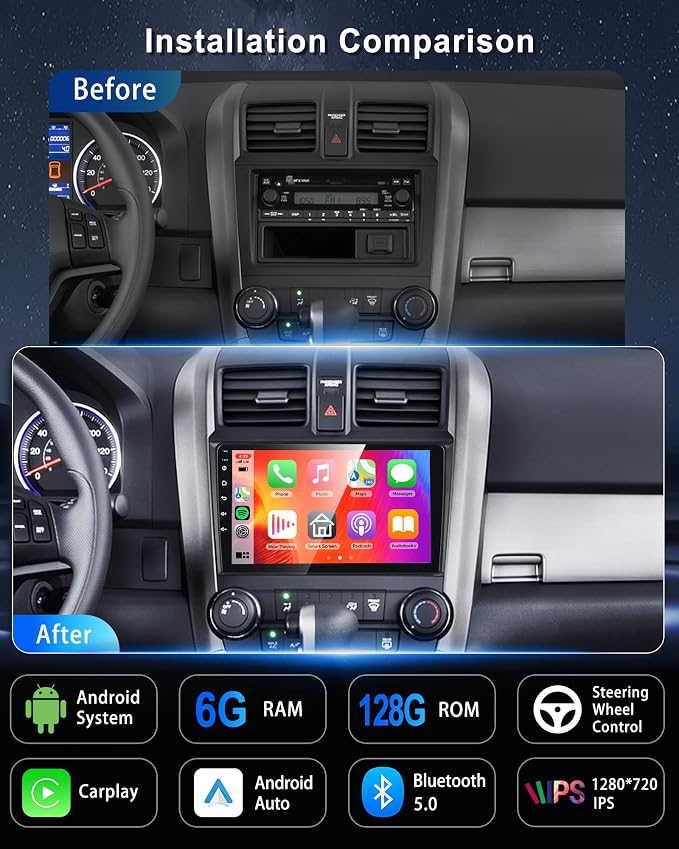 8 Core 6G+128G Android Car Radio for Honda CRV 2007-2011, 9" IPS Touchscreen with Wireless Carplay & Android Auto & Mirror Link, Backup Camera, Bluetooth, FM/RDS/GPS/DSP/USB/WiFi