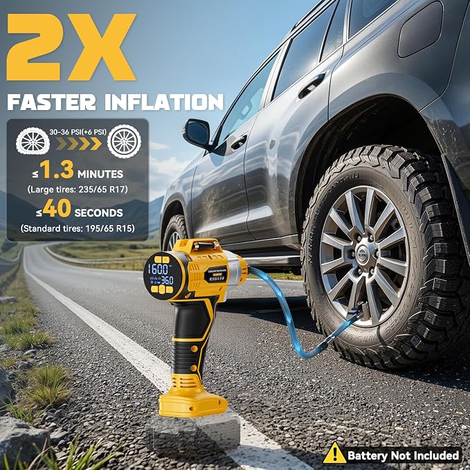 160PSI Cordless Tire Inflator Compatible with Dewalt 20V Battery, DC 12V Portable Air Compressor with Digital Pressure Gauge, 2X Faster Air Pump for Car, SUVs, Motor, Bike, Ball (Tool Only)