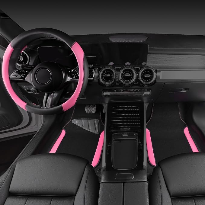 Faux Leather Steering Wheel Cover and Waterproof Car Floor Mats,Universal Car Combo Fit for 95% Sedan,SUV,Cars,14.5-15inch Sporty Anti-Slip Safety Comfortable Design(Black＆Pink)