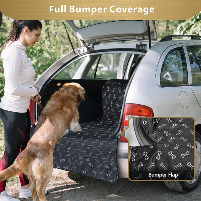 SUV Cargo Liner for Dogs, Water Resistant Pet Cargo Cover Dog Seat Cover Mat for SUVs Sedans Vans with Bumper Flap Protector, Non-Slip, Large Size Universal Fit, Bone