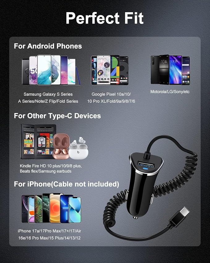 iPhone 17e USBC Car Charger with Built-in 3ft Coiled Cable Fast Charging | USB C Car Adapter for iPhone 17 16 15 Pro Max, Samsung S26 S25 Ultra Retractable Cord Type C Cigarette Lighter Adapter