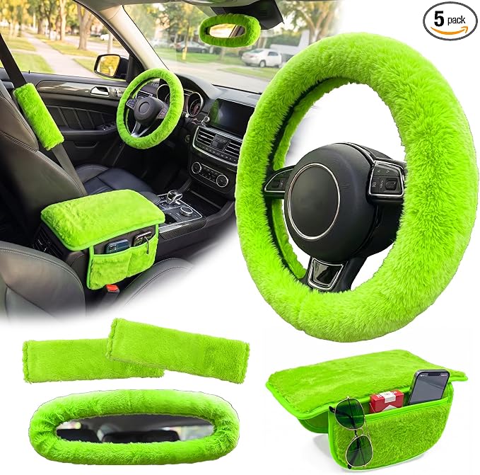 5 Pcs Fuzzy Green Car Accessories Set, Soft Fluffy Plush Steering Wheel Cover, Center Console Armrest Pad & Rearview Mirror Cover - Interior Decorations for Women,Universal Fit (Green)