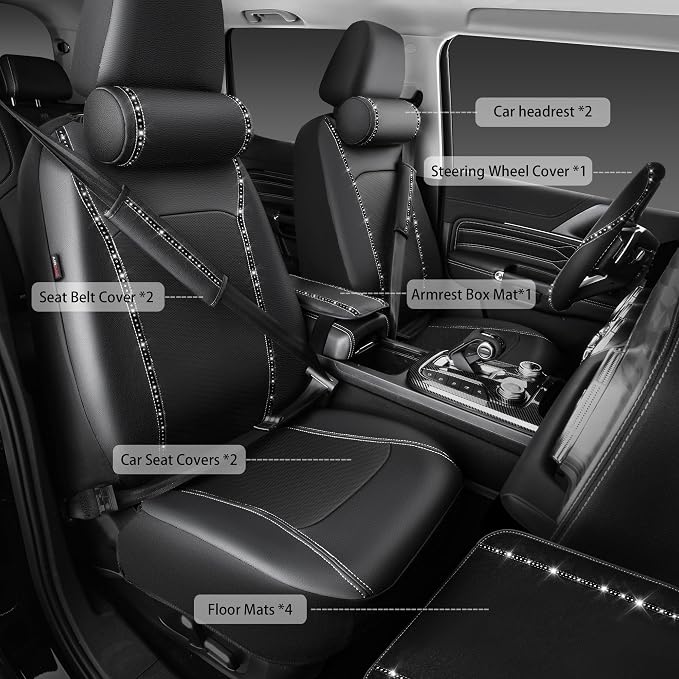 14 PCS Bling Diamond Car Accessories Set for Women, Leather Seat Covers Front Seats Sparkly Rhinestone 15'' Steering Wheel Covers Shining Diamond Car Floor Mats Cute Interior Sets, Silver