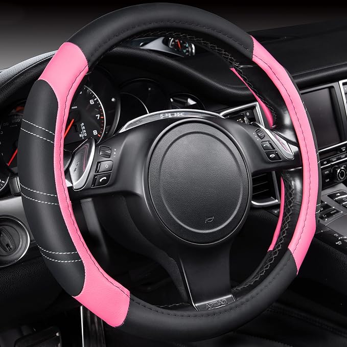 Line Rider Microfiber Leather Sporty 14.5-15 inch Steering Wheel Cover Universal Fits for 95% Truck,SUV,Cars, Anti-Slip Safety Comfortable Design (Black Pink)