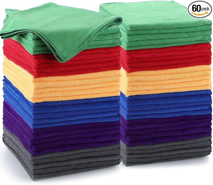 60 Pcs Microfiber Cleaning Cloths for Cars 16 x 16 Inch Ultra Absorbent Car Towels Drying Reusable Cleaning Supplies House Kitchen Window Microfiber Towel (6 Color)
