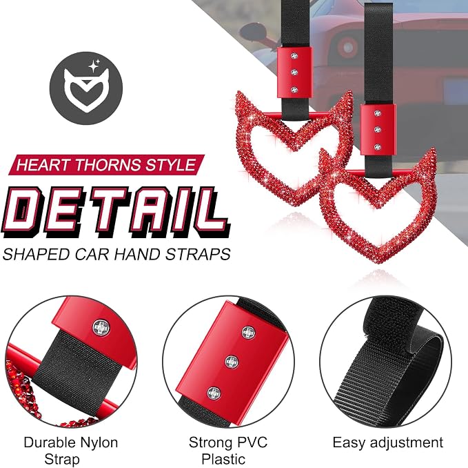 Bling Car Accessories Bling Heart Handle Ring Car Accessory for Women Heart Hand Strap Drift Charm Rear Bumper Warning Ring Decor for Auto Bus Interior Exterior Decoration (Red, Devil Style)