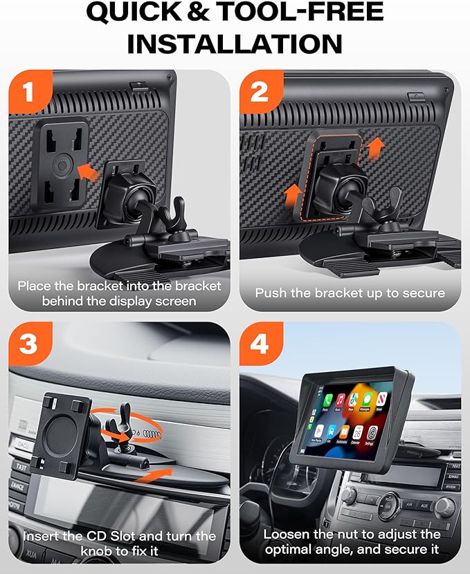 CD Slot Mount for CarPlay Screen, 360° Rotation Tool-Free Installation CarPlay CD Mount Compatible with 7-11 Inch Portable Car Play Screens & GPS Navigation