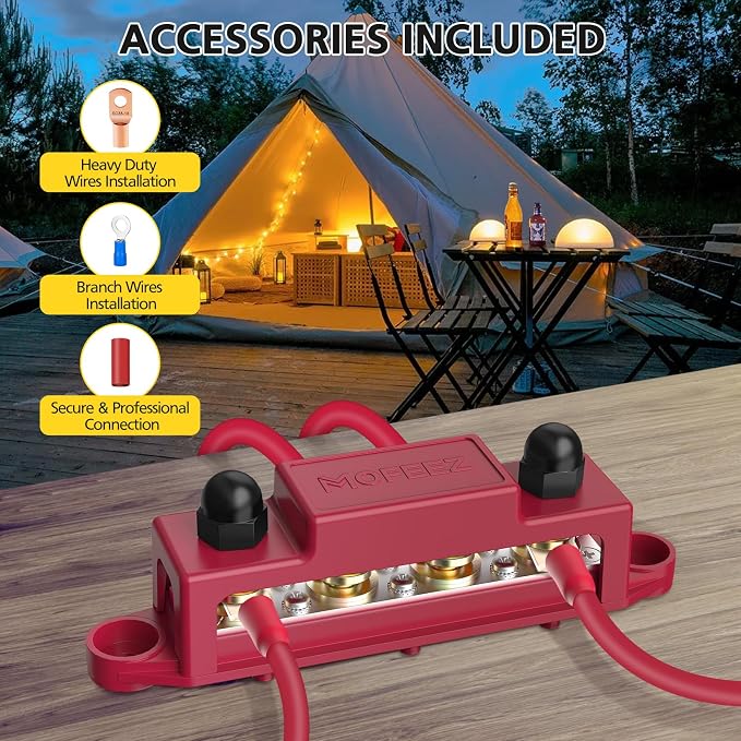 Power Distribution Block Bus Bar, 4 x 5/16" Post Marine Bus Bar Battery Busbar Terminal Block with Cover, Lugs, Ring Terminals (Pair, Red & Black)