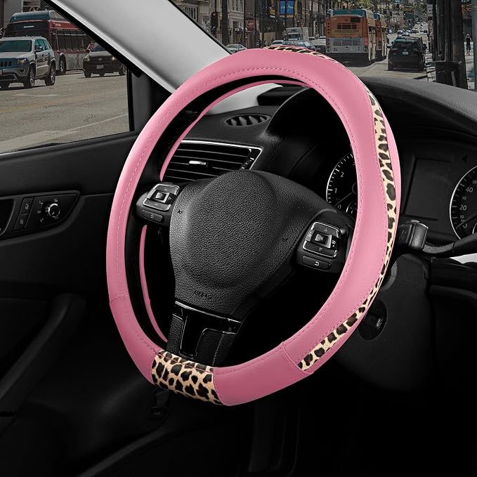 Steering Wheel Cover - Flat Bottom Wheel Cover Made with PVC Leather and Leopard Fabric - Universal Fit for 15-Inch D-Shaped Automotive Steering Wheels (Pink Color)