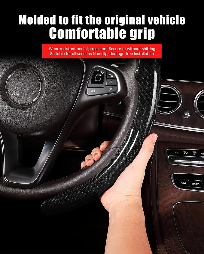Car Steering Wheel Cover - Integrated Carbon Fiber Pattern Protective Sleeve with Hub Cap Anti-Slip Design - Fits 99% of Models Suitable for 14-16 Inch Sedans, SUVs, and Trucks Interior Accessories