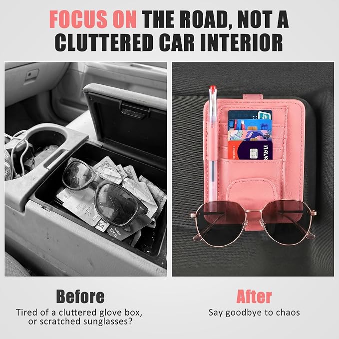 Sunglass Holder for Car Visor, Multi-Pocket Leather Car Sun Visor Organizer with Ticket Pens Card Clip, Sunglasses Holders,Suitable for All Size Eyeglasses,Car Accessories Keep Tidy (Pink)