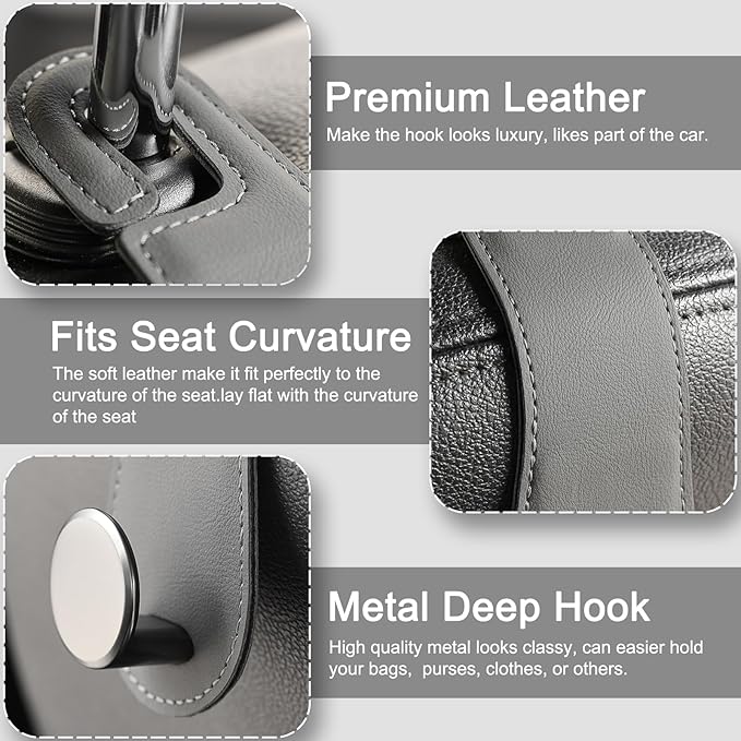 Car Headrest Hooks, 2 Pack Leather Car Seat Storage Hanger for Purses Bags, Stylish Car Seat Organizer Hooks for Handbag Coat Umbrellas, Car Inside Accessories, Gray