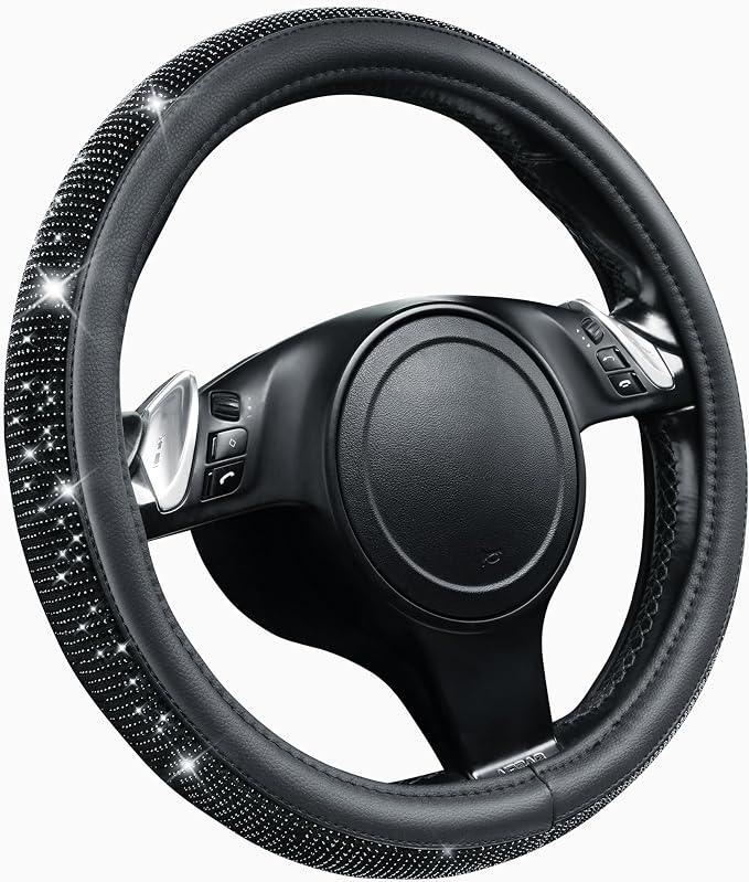 Bling Diamond Leather Steering Wheel Cover, With Sparkly Crystal Glitter Rhinestones Universal Fit 14"1/2-15" Car Wheel Protector for Women Girl Fit Suvs,Vans,Sedans,Car,Trucks, Black Diamond