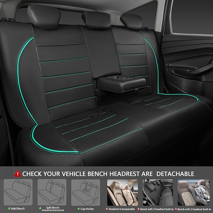 Universal FIT Piping Leather Car Seat Cover, for suvs,Van,Trucks,Airbag Compatible,Inside Zipper Design and Reserved Opening Holes (Full Set, Black and Mint)