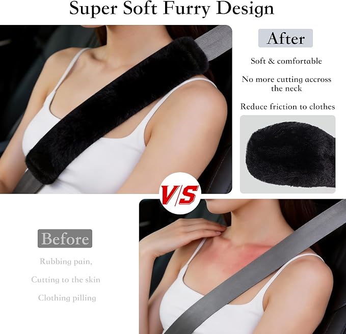 2-Pack Soft Furry Universal Seatbelt Cover – Shoulder Pad for Car Truck SUV Airplane Bus – Relieves Neck & Shoulder Pressure – Fits Backpack, Camera Bag, Laptop Bag Straps (10.5 Inch, Black)