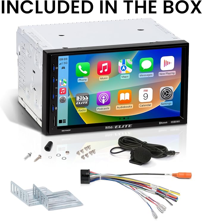Elite BE7ACP Car Stereo - 7" Display, Apple CarPlay & Android Auto Head Unit, Double DIN Touch Screen Car Stereo, Bluetooth, AM/FM Radio Receiver, USB, SD, No CD/DVD Player