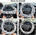 Fuzzy Car Steering Wheel Cover, Universal Fit Fur Auto Wheel Cover & Handbrake Cover & Gear Shift Cover Set, Leopard Winter Warm Fluffy Vehicle Wheel Protector Car Accessories for Men Women