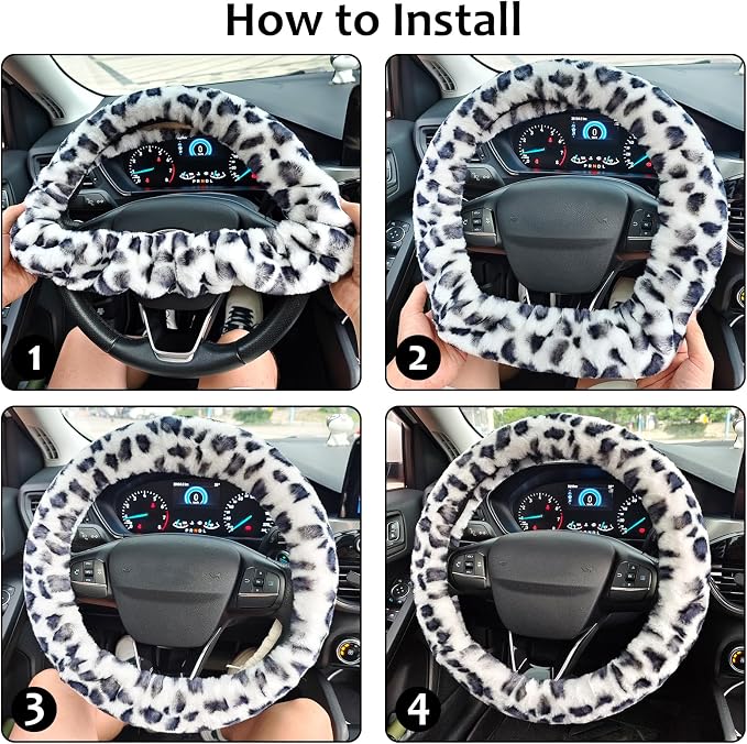 Fuzzy Car Steering Wheel Cover, Universal Fit Fur Auto Wheel Cover & Handbrake Cover & Gear Shift Cover Set, Leopard Winter Warm Fluffy Vehicle Wheel Protector Car Accessories for Men Women