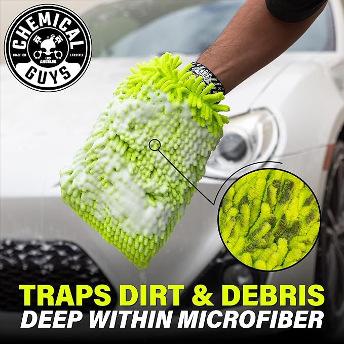 Chenille Premium Scratch-Free Microfiber Wash Mitt, Lime Green, 9.6" x 2.3" x 7" (3 Pack) - MIC49303