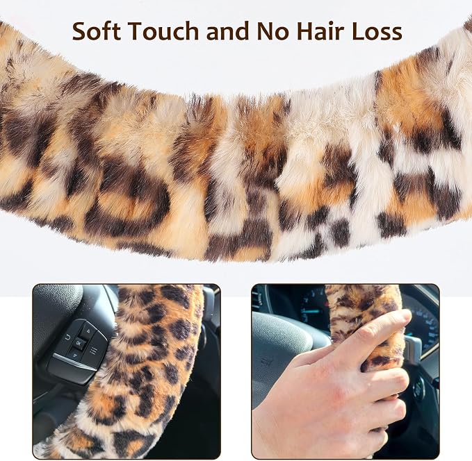 Fluffy Car Steering Wheel Cover, Universal Fuzzy Wheel Cover 14 1/2-15 & Handbrake Cover & Gear Shift Cover Set, Anti-Slip Leopard Warm Fur Vehicle Wheel Protector Car Accessories for Men Women