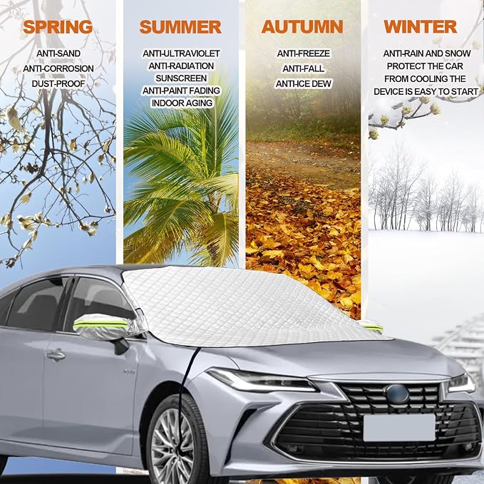 Car Windshield Snow Cover with Side Mirror and Hook, Winter Magnetic Windshield Sun Shade Foldable, Windshield Cover for Ice and Snow, Fit for Small Sedan, Compact SUV, (58"x47") Silver