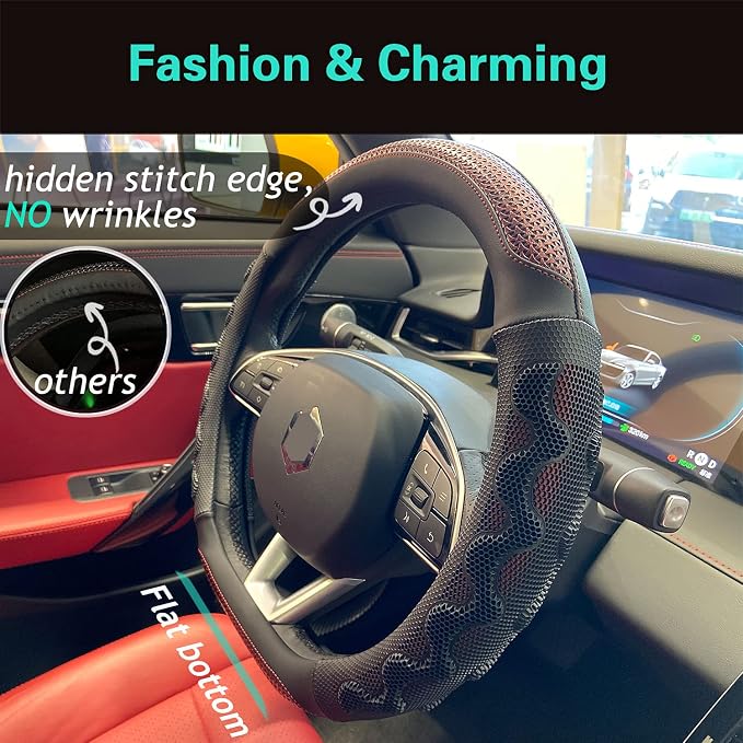 D Shaped 14 Inch Small Sized Steering Wheel Cover Great Grip with 3D Honeycomb Anti-Slip Design, Flat Bottom 14 Inch (Wine Red)