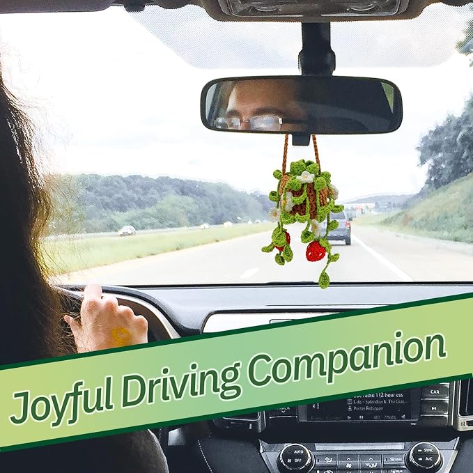 Crochet Hanging Plant for Car,Car Decorations Interior,Plant Aesthetic Car Accessories for Women Interior Cute,Car Ornaments Charms for Rear View Mirror,Boho Car Decoration Gifts