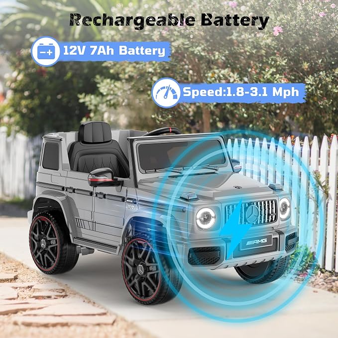 Licensed Mercedes-Benz G63 Car for Kids, 12V 7AH Ride on Car w/Parent Remote Control, LED Headlights, Music Player & Horn, Soft Start, Low Battery Prompt, Kids Electric Car, Grey