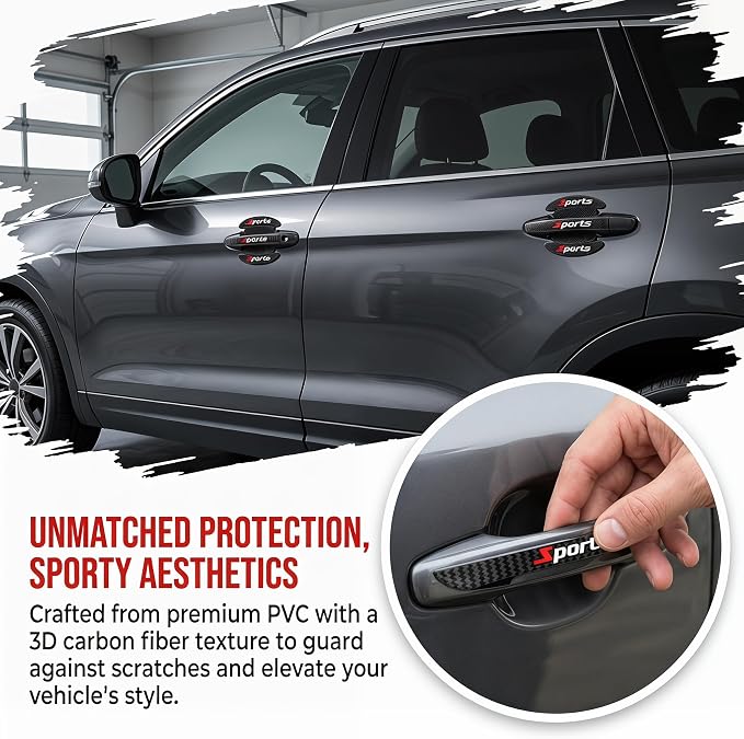 8PCS Car Door Handle Scratch Protector, 3D Carbon Fiber Pattern Anti Scratch Paint Protection Film, Sports Self-Adhesive Door Edge Sticker Universal for Car SUV Truck (Black)