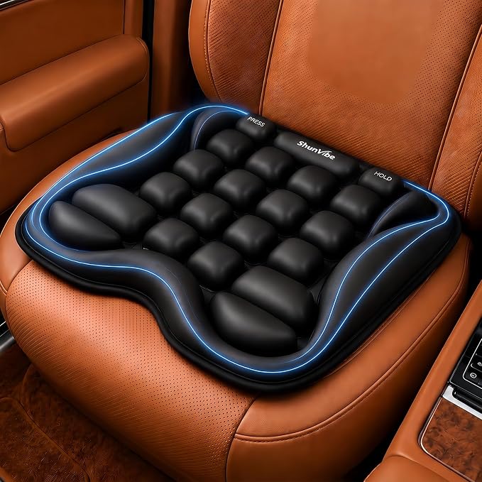 Car Seat Cushion for Long Drives, Pressure Relief Seat Pad with Built-in Pump, Adjustable Air Cell Cushion for Truck Drivers, SUV, Office Chair and Wheelchair