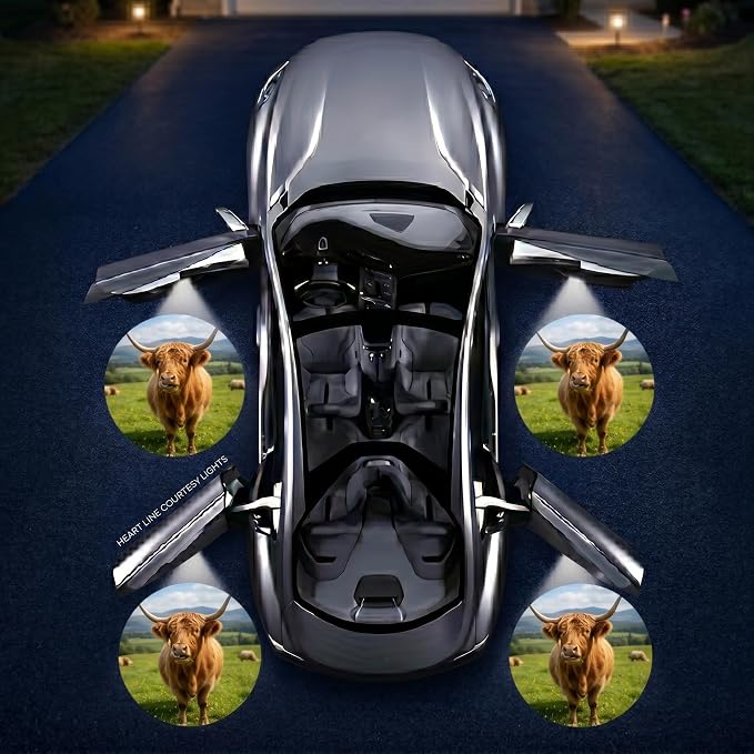 2PCS Highland Cow Car Door Lights Projector, Magnetic Logo Projector Door Lights, Wireless LED Welcome Puddle Light, Highland Cow Car Accessories Decor, Cows Gifts for Women Men, Fit All Vehicles
