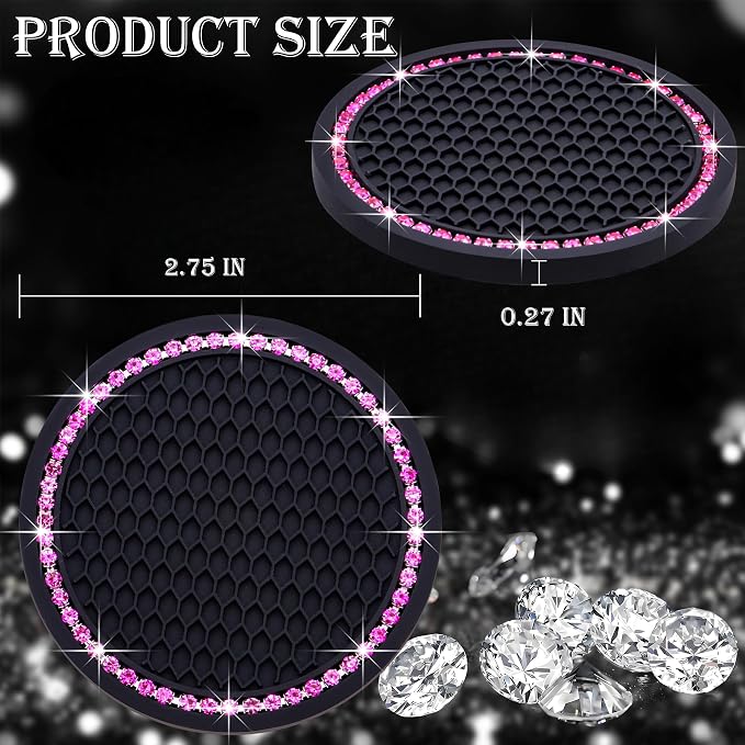 2PCS Bling Cup Holder Coaster, 2.75 Inch Auto Car Cup Holder Insert Coasters, Soft Silicone Anti-Slip Shockproof, Universal Vehicle Interior Accessories for Women Girls (Black & Pink)
