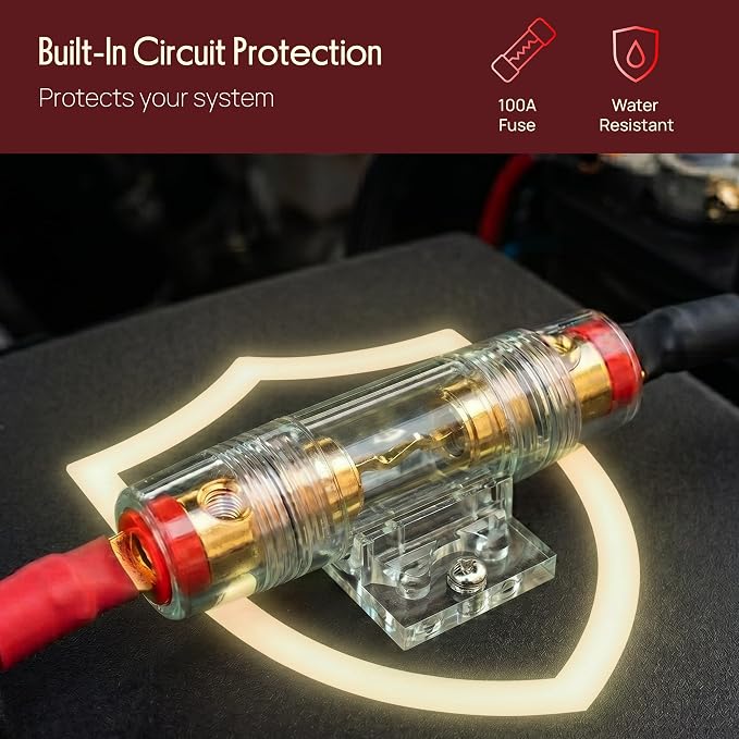 Pyle 4-Gauge Car Amplifier Wiring Kit for Car Audio | Complete amp wiring kit with power, ground, remote, speaker wire, RCA cables, and 100A fuse for car audio installation.